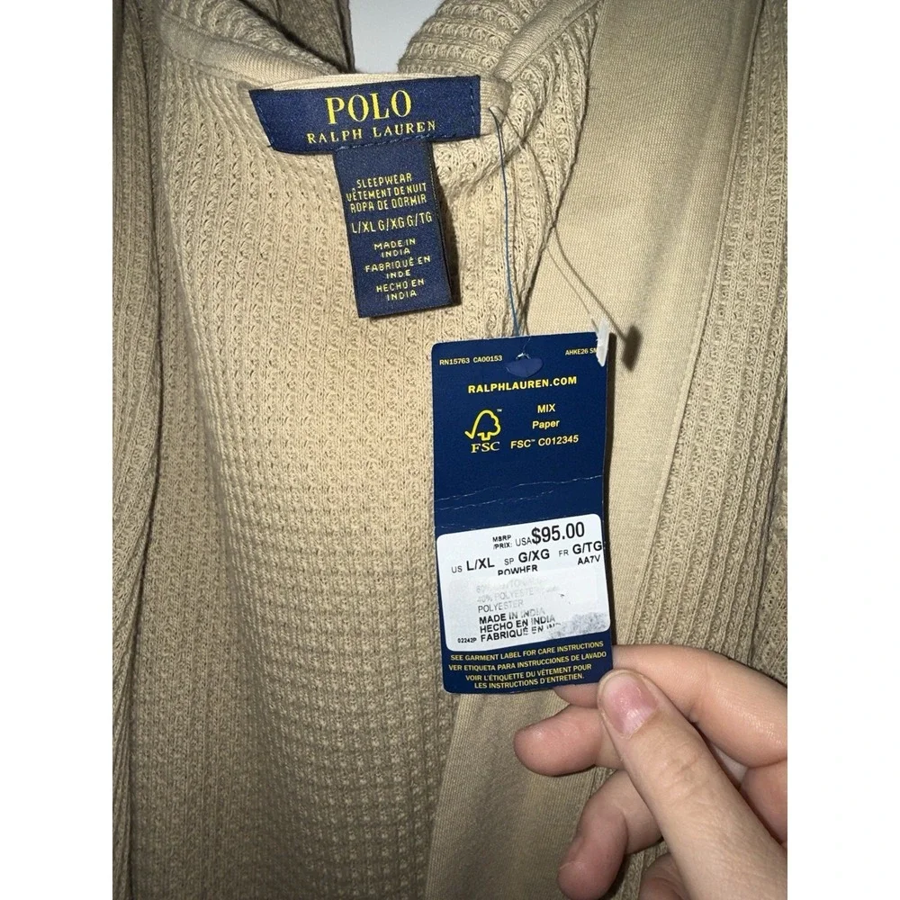 Polo Ralph Lauren Mens Thermal Hooded Robe L/XL Khaki/Black - NWT $95